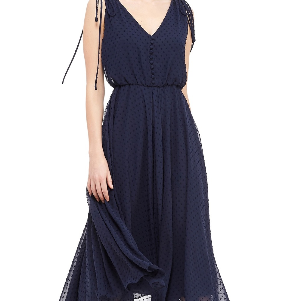 GAL MEETS GLAM ROMANTIC DOTTED CHIFFON NAVY BLUE MIDI DRESS 4